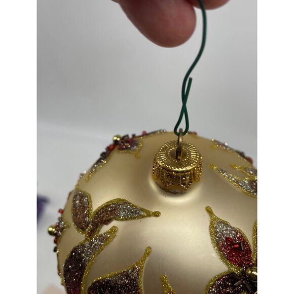 Vintage Kirkland Jeweled Poinsettia Glass Ornament Seed Beads Gliter Ball pair - Picture 7 of 13